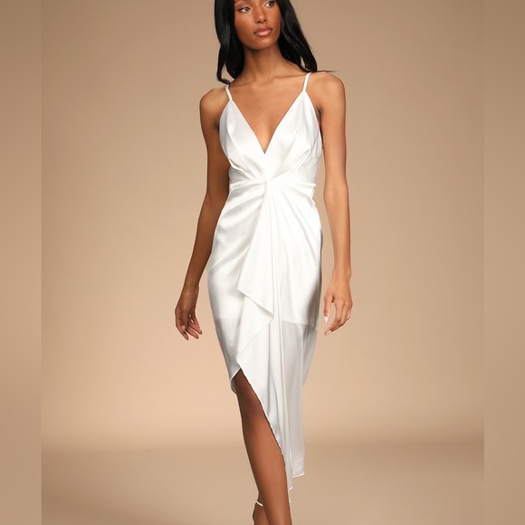 Lulus Dresses & Skirts - Lulu’s NWT Caught Feelings White Satin Ruffled Midi Dress Large